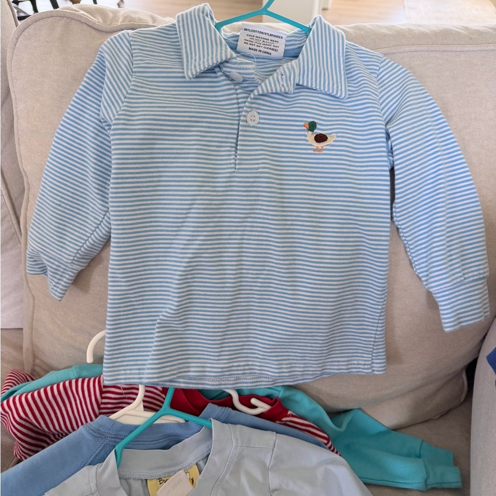 Light Blue jellybean Striped Kids Polo Shirt with Embroidered Duck